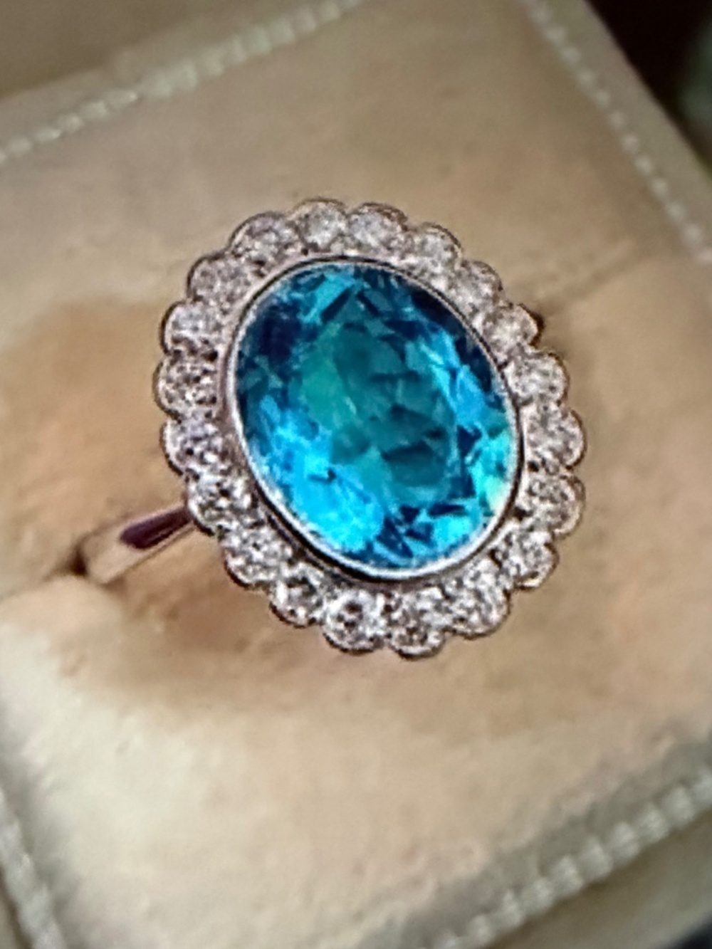Acquamarine Ring with White Sapphire Halo: 14t White Gold/Sterling 925